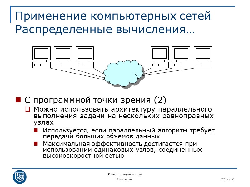 Компьютерные сети Введение 22 из 31 Применение компьютерных сетей Распределенные вычисления… С программной точки